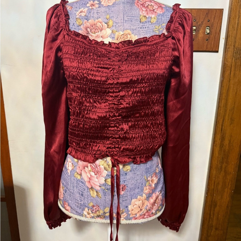 Fun & Flirt Burgundy Satin Smocked Long-Sleeve Peasant Top